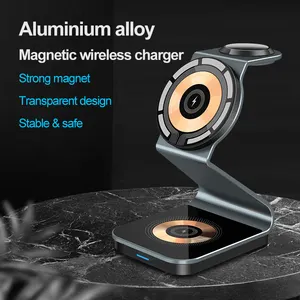 Punk style aluminium alloy 3 in 1 wireless charger stand all in one wireless charging station with transparent design