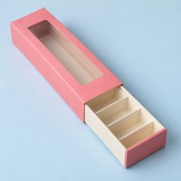 Boîte à tiroir rectangulaire rose laminée mate avec fenêtre transparente, boîte en papier personnalisée pour macarons