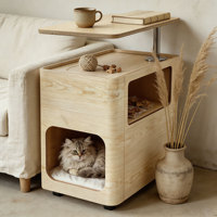 Table d'appoint robuste en bois pour animaux de compagnie avec plateau de travail rotatif, meuble-lit mobile pour chat avec coussin lavable