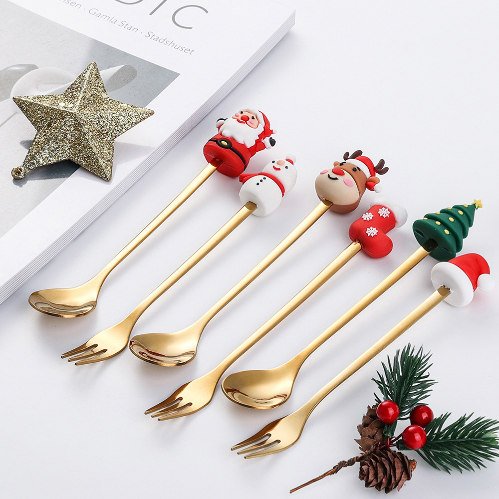 Modern Christmas Souvenir Tea Spoon and Fork Set Christmas Golden Cutlery Set Gift for Kids · image 4