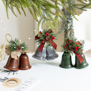 LINGKAI Double Metal Bell <b>Christmas</b> Ornament With Pine <b>Cone</b> Artificial Pine Needle Plaid Bow Jute Rope Xmas <b>Tree</b> Hanging Decor - Product Image 1