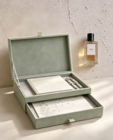 Boîte cadeau de luxe en suède vert sauge à double couche avec tiroir, boîtes rigides pour carnet, emballage VIP d'entreprise, coffret cadeau