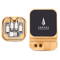 Cargador inalámbrico Light up Bamboo con juego de cables múltiples Almohadilla de carga inalámbrica de 15W con caja de almacenamiento de cables Teléfono y soporte para lápices