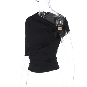 Nuovo Design estivo alla moda <span class=keywords><strong>monospalla</strong></span> marrone camicetta snellente Sexy camicie abbigliamento donna camicie a maniche corte - Product Image 6