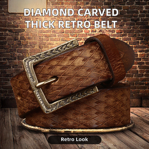 Ceinture en cuir épaisse rétro pour homme, motif sculpté en forme de diamant, première couche de cuir de vachette, ceinture décontractée style cowboy avec boucle en cuivre, vintage - Product Image 2