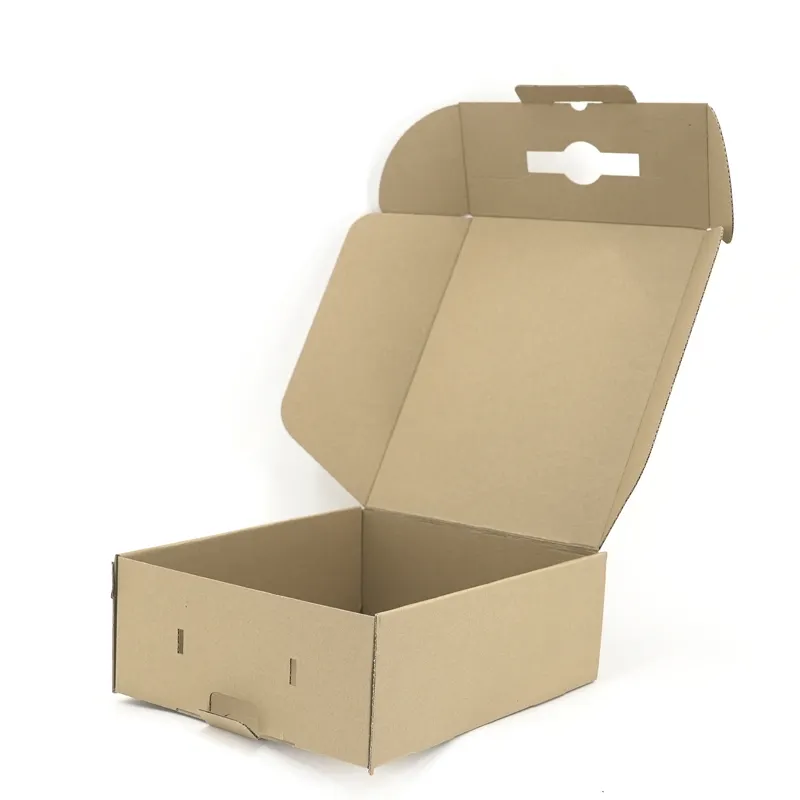 Caixa de papel portátil de boa qualidade, logotipo personalizado, caixa de papel ondulado, alças de plástico, caixas de transporte, papelão ondulado