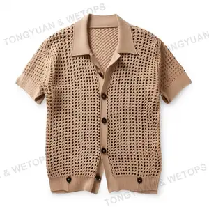 Vêtements personnalisés pour hommes, tricot de grande taille fabricant creux Crochet boutonné à manches courtes Cardigan pull chemise