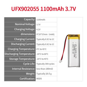 चीन बैटरी फैक्टरी कस्टम ufx 902055 1100mah 3.7v nmc कैथोड तरल बैटरी 9*20*57 मिमी 500 साइड्स प्रमाणित अभिगम - Product Image 2