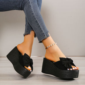 Sandales décontractées à nœud papillon pour femme, nouvelle collection été 2024, grande taille, semelle épaisse, talon compensé, à enfiler - Product Image 3