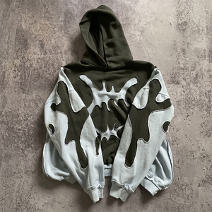Sudadera con capucha corta gótica verde oliva y azul claro unisex, estilo tribal ondulado, oversize, streetwear, 100% algodón polar, 350 GSM - Product Image 1