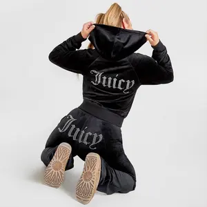 Custom Diamond 2 Pieces Velour Ladies Hoodie And Jogger Tracksuit Set Trendy Casual Women Rhinestone 2 Pieces Velvet Set