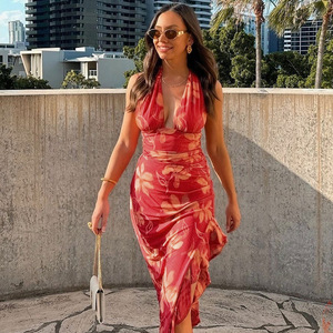 Vestido Maxi Sexy con Cuello Halter en V Profundo y Volantes para Mujer, sin Mangas, sin Espalda, de Cintura Alta, Ajustado, Estampado, para Club - Product Image 6