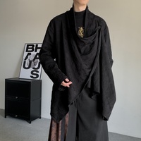 Chemise décontractée à manches longues pour homme, col drapé irrégulier, jacquard noir uni, coupe ample, style streetwear pour le quotidien