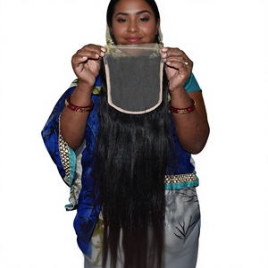 Extensions de cheveux humains indiens 100% vierges Remy bruts, closure 5*5, cheveux raides, couleur noir naturel, double trame machine - Product Image 1