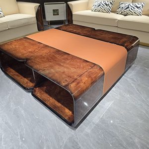Set di Arredamento di Lusso per Soggiorno con Divano in Pelle Moderno e Tavolino in Legno di Burl per Progetti di Ville, Soluzione Completa per l'Arredamento Domestico - Product Image 4