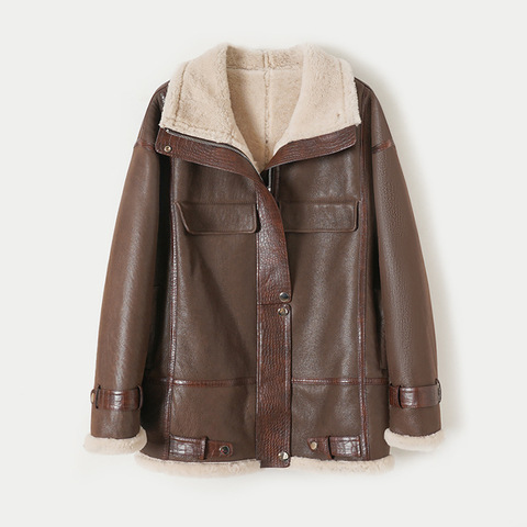 314 New Trending Winter Fashion Retro Motorcycle Style Real Fur Jacket Lamb Shearling Fur Coat for Women