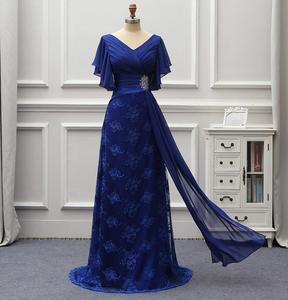 Elegante Abito Lungo Formale Blu Reale in Pizzo e Chiffon per Madre della Sposa, Scollo <span class=keywords><strong>a</strong></span> V, Maniche Corte, per Matrimonio - Product Image 1