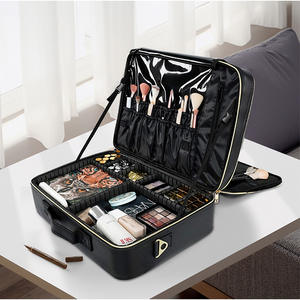 Organisateur de maquillage populaire pour femmes, sac à cosmétiques de voyage noir de grande capacité avec tiroirs, fermeture à glissière, couleur unie W02 - Product Image 1
