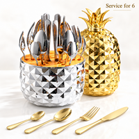 Ensemble de 24 couverts en acier inoxydable poli miroir avec support ananas pour mariage et fête