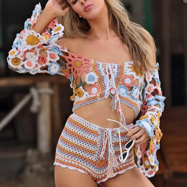 2019 חג חוף בעבודת יד וו סרוג פרח חלול ביקיני גבוה מותניים מכנסיים נשים חוף חליפה