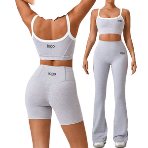 Nouvelles Tendances 2024 Ensemble de Vêtements de Yoga et d'Entraînement 3 Pièces à Motif Uni Respirant avec Soutien-Gorge de Sport à Manches Longues, Short de Gym et Pantalon Évasé - Product Image 1