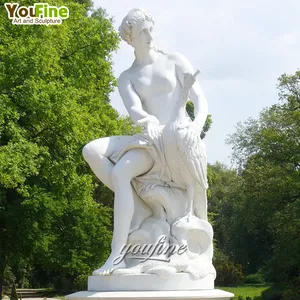 Levensgrote Outdoor Tuin Natuursteen Wit Marmer Naakt Dame Standbeeld Met Zwaan Sculptuur