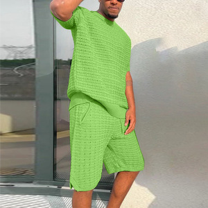 Tuta da uomo lavorata a maglia autunno 2 pezzi Set 2022 nuovi pantaloncini Casual a maniche corte Set moda uomo tuta da Jogging sportiva allentata abbigliamento - Product Image 2