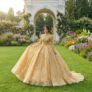 Robe de soirée de luxe Jxs14 moderne, style royal, grande taille, avec appliques en cristal, dorée, coupe princesse, pour Quinceañera, avec traîne chapelle - Product Image 1