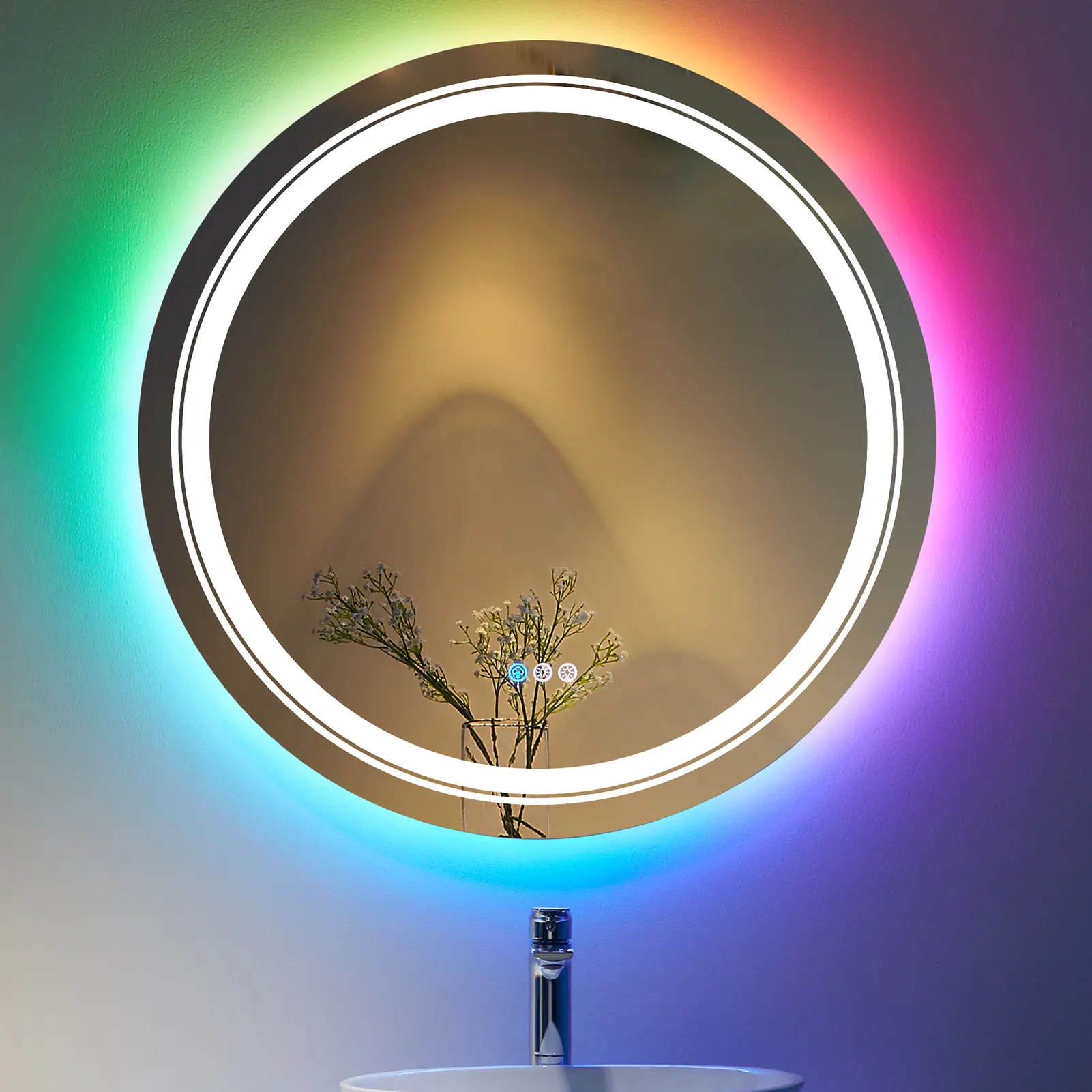 Changement de couleur luminosité réglable Anti-buée rond avant lumières salle de bain LED trempé salle de bain miroir pour appartement hôtel