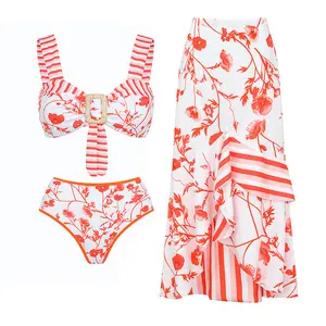 2024 New Red and White Flower Print Striped Strap High-waisted split bikini with snap embellishment on the chest for women