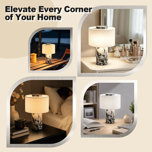 Rechargeable Marble <b>Table</b> Lamp Linen Shade Cordless Touch Dimmable Bedside Ambient <b>Light</b> Luxury Cylindrical Desk Lamp - Product Image 2