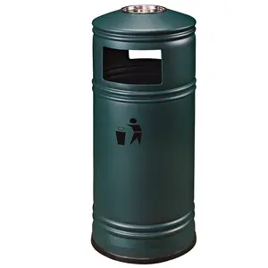 Cubo de basura con parte superior abierta redonda pública, cubo de basura con Cenicero, contenedor de basura de Metal de hierro negro para exteriores, cubo de basura