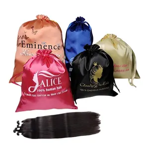 Custom Wig Storage Bags Drawstring Black Satin Silk Bag For Hair Bundle Packaging