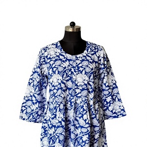 Blue Floral Bohemian Mini <b>Kimono</b> <b>Jacket</b> Women's Long Sleeve Layering Shrug Breathable Summer Spring Daily ODM 100% Cotton - Product Image 2