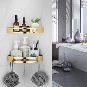 High Quality Stainless Steel Fittings Gold Triangular Shelf Bathroom Storage Receptacle Wall-mounted Corner Shower Caddie Shelf