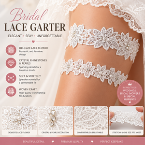 En gros Jarretière de mariée blanche en dentelle et élasthanne, florale, pour cuisse, avec strass et perles, pour accessoires de mariée - Product Image 1