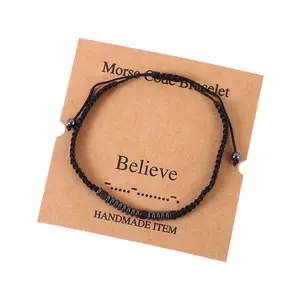 Handmade Morse Code Stone Bracelet Adjustable Braid Cord Wrap with Hematite Obsidian Beads for Women Men Friendship Jewelry