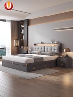 2024 nouveau Style Double taille en bois chambre meubles lit multifonctionnel gris clair lit de rangement avec LED et doux rembourré