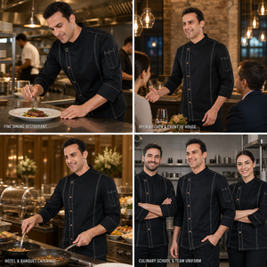 Veste de <span class=keywords><strong>chef</strong></span> en sergé polycoton avec patte de boutonnage à pression, poignets 3/4 retroussables, surpiqûres contrastées, uniforme de cuisine, logo brodé personnalisé - Product Image 3