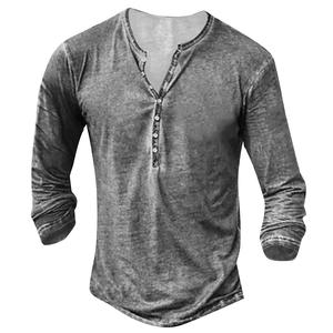 Venta al por mayor de encargo de los hombres Vintage Casual Henley Camisa de algodón poliéster manga corta rasgado y lavado abotonado Color sólido camiseta - Product Image 3