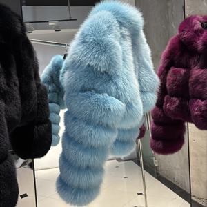 Cappotto Bomber in <span class=keywords><strong>pelliccia</strong></span> corta blu 2025 invernale in vera <span class=keywords><strong>pelliccia</strong></span> di volpe tinta <span class=keywords><strong>con</strong></span> abiti lunghi - Product Image 2