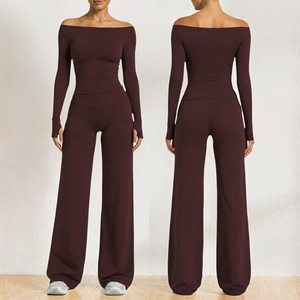 Women Yoga Set <b>Long</b> <b>Sleeve</b> High Waist Wide Leg Pants Breathable Solid Activewear - Product Image 2