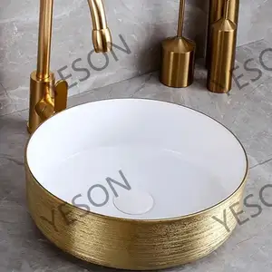 Bathroom Ceramic Wash Basin Hotel Apartment Hot Sale Disposable Fired Black Gold Matte Glazed Round Wash Basin