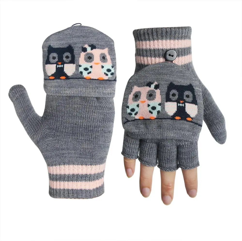 Jacquard Fingerless बुना हुआ पशु पैटर्न Mittens परिवर्तनीय फ्लिप शीर्ष प्यारा बच्चों सर्दियों के दस्ताने लड़कों लड़कियों के लिए फ्लैप के साथ कवर