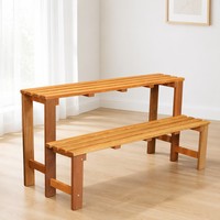 Support à plantes d'extérieur en bois à 2 niveaux, finition huile de teck naturel brun clair, banc à plantes en bois à 2 niveaux pour jardinières