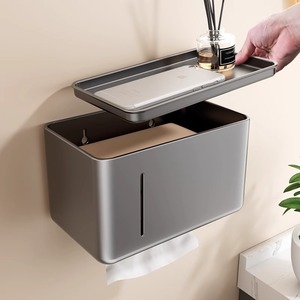 Portarrollos de papel higiénico rectangular para montar en la pared, color gris, duradero, con bandeja para almacenamiento. - Product Image 1