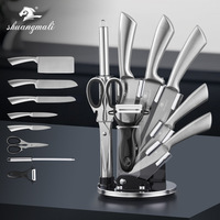 Ensemble de 9 couteaux de cuisine en acier inoxydable 30Cr13 avec bloc à couteaux rotatif en acrylique pour la cuisine à domicile, cadeau, outils de cuisine pour la famille