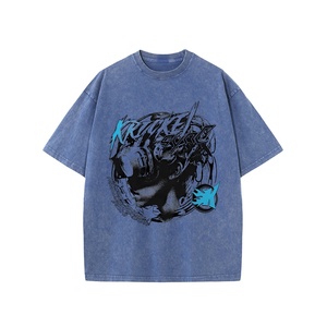 T-shirt rétro délavé à l'acide pour hommes de haute qualité 100% coton surdimensionné Hip Hop numérique imprimé hauts tricotés col roulé motif court - Product Image 6