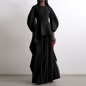 Abiti Lunghi da Donna con Maniche Lunghe, Collo <span class=keywords><strong>a</strong></span> Barchetta, Stampa Digitale Eco-Friendly, Colore Unito, Plissettati, <span class=keywords><strong>a</strong></span> Strati e con Dettagli <span class=keywords><strong>a</strong></span> Giunzione - Product Image 1