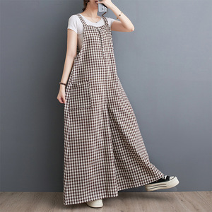 Y2180 nuova tuta a scacchi retrò da donna con vestibilità ampia e Slim, pantaloni a gamba larga, tuta oversize in cotone e lino - Product Image 4